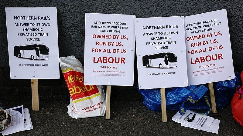 Rail protest placards at Windermere