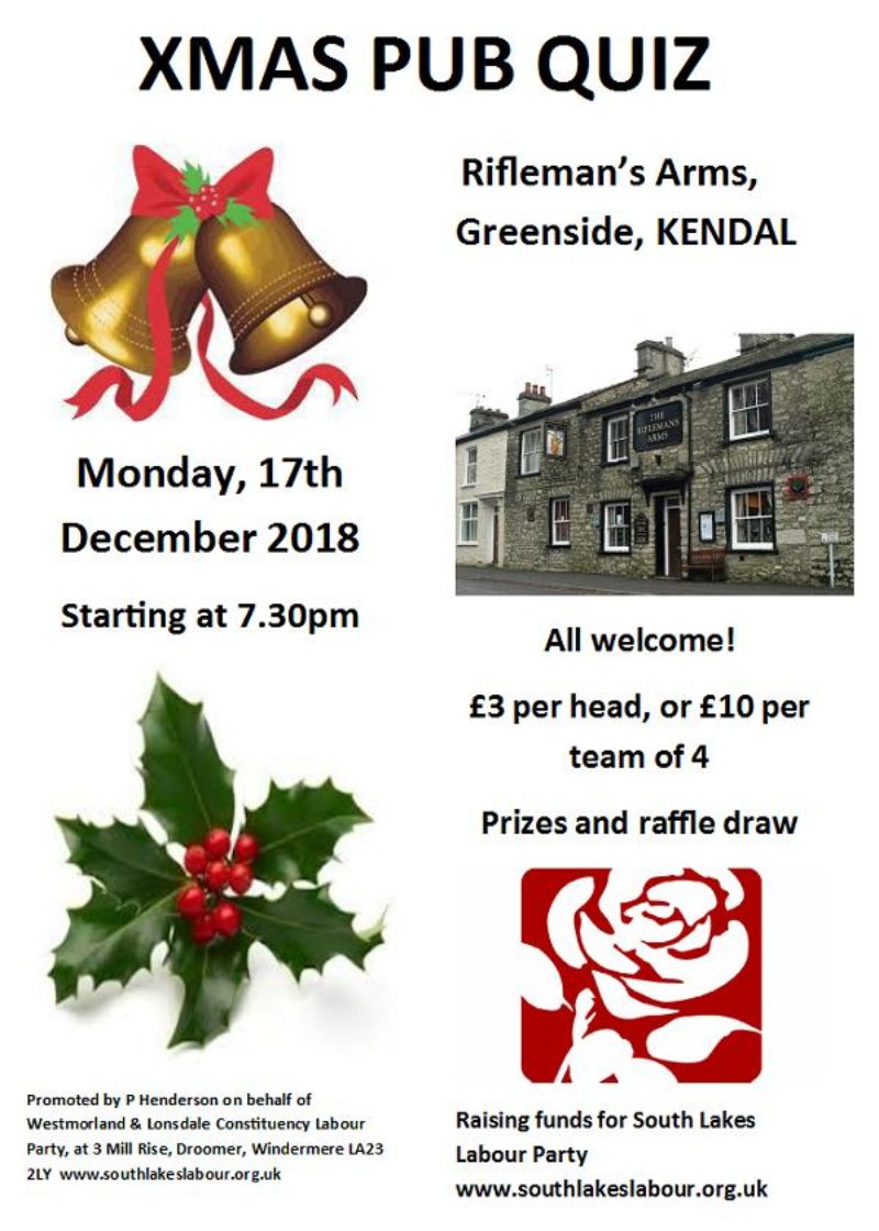 Xmas Pub Quiz Mon 17th Dec 2018 7.30pm at the Rifleman
