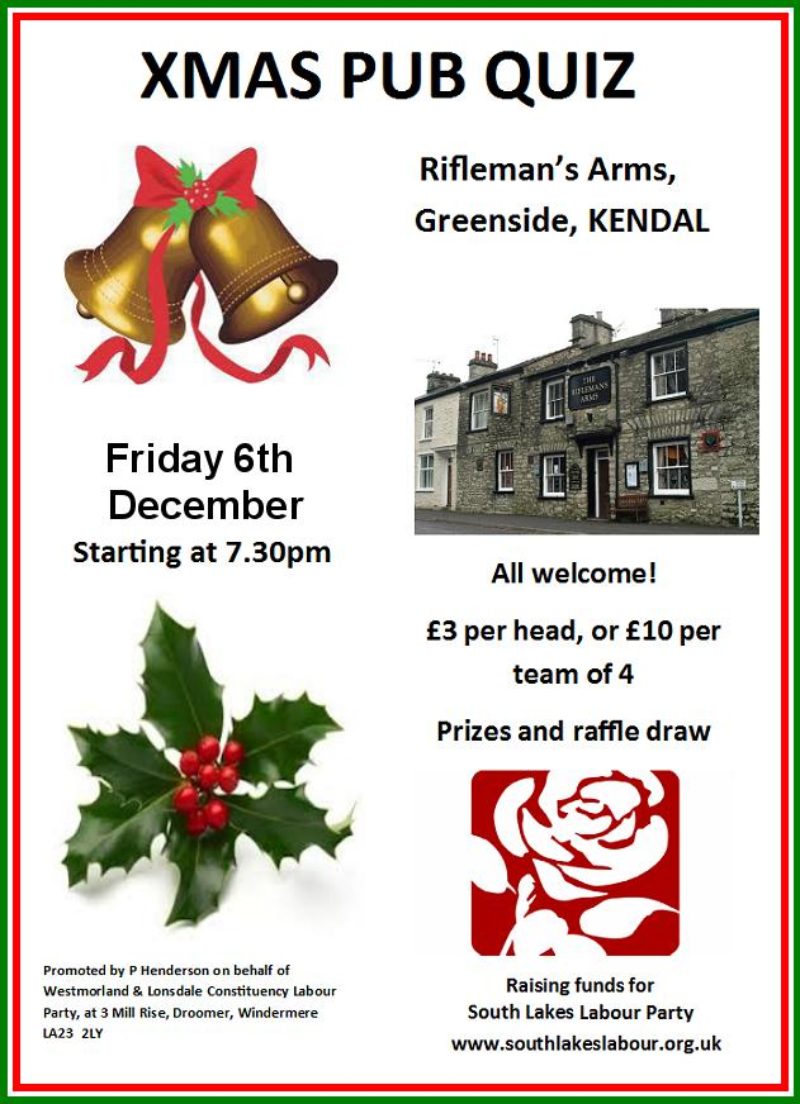 Xmas Pub Quiz Friday 6th Dec 2019 7.30pm at the Rifleman