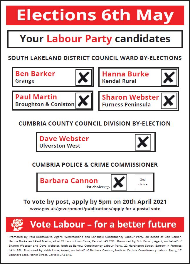6th May 2021 South Lakes Labour candidates SLDC, CCC, Cumbria PCC